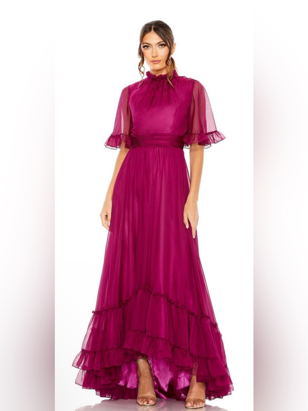 MAC DUGGAL Dress Size 4 Evening Gown Ruffled High Neck Flutter Sleeve High Low.